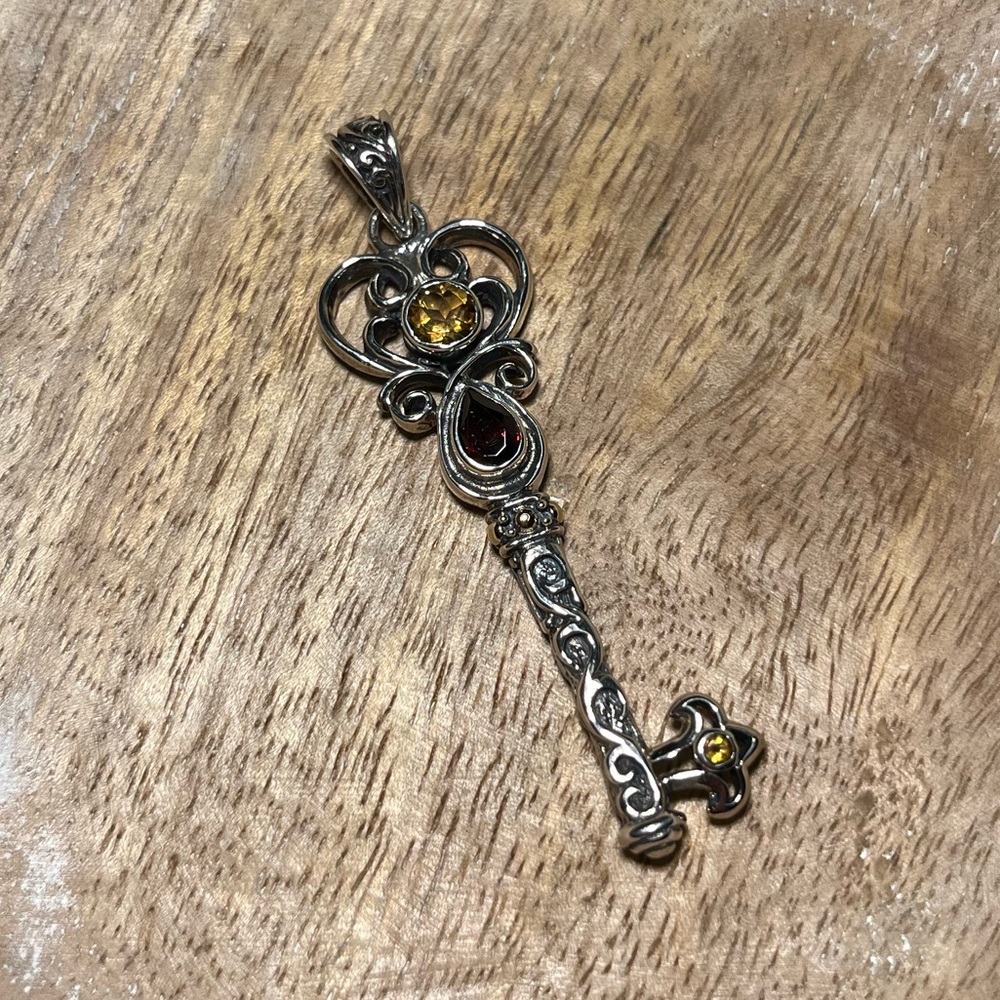 Vintage BJC Samuel Benham Garnet & Citrine Sterling Silver 18K Gold Key Pendant